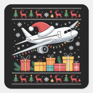 Sticker Carré Arbre de Noël lumineux drôle Santa avion moche