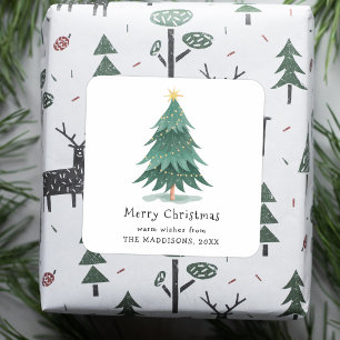 Sticker Carré Arbre de Noël Minimaliste Vert Aquarelle Moderne