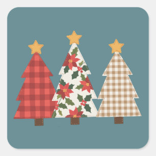 Sticker Carré Arbre de Noël Patchwork Vintage Carreaux Rouges Fê
