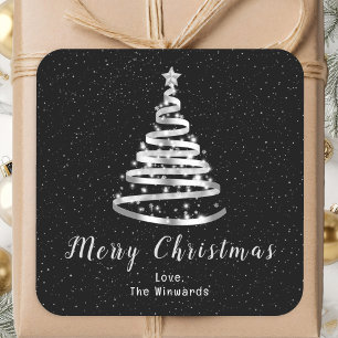 Sticker Carré Arbre de Noël ruban argent et noir Joyeux Noël