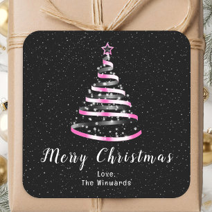 Sticker Carré Arbre de Noël ruban rose et noir Joyeux Noël