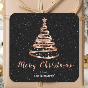 Sticker Carré Arbre de Noël ruban rose gold et noir Joyeux Noël