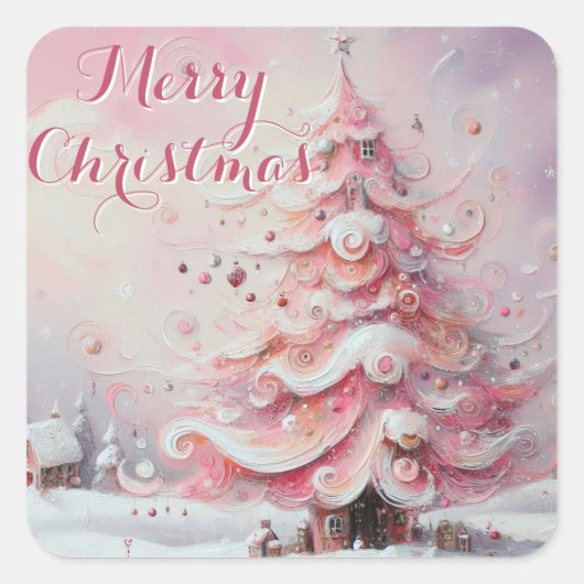 Sticker Carré Arbre de Noël Whimsical Pink White Swirls Neige (Devant)