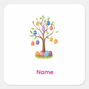 Sticker Carré Arbre de Pâques aquarelle avec œufs décorés suspen