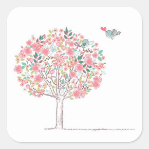 Sticker Carré Arbre en fleurs et oiseaux en amour
