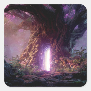 Sticker Carré Arbre Enchanté Surréaliste Avec Portail Lumineux