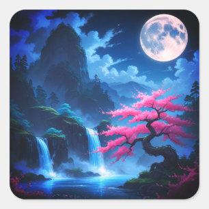 Sticker Carré Arbre Sakora - Cascade au clair de lune avec natur