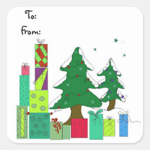 Sticker Carré Arbres couverts de neige et présents