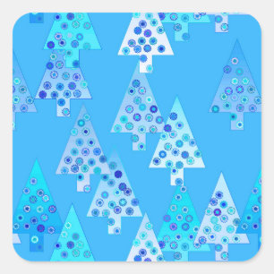Sticker Carré Arbres de Noël à fleurs modernes - bleu ciel