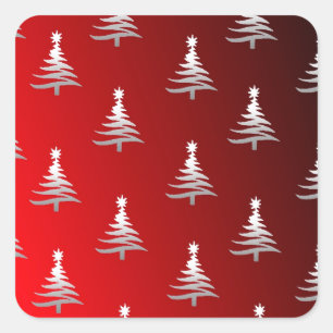 Sticker Carré Arbres de Noël Argent sur Rouge