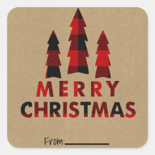 Sticker Carré Arbres de Noël gai ruban rouge kraft type de vacan