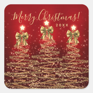 Sticker Carré Arbres de Noël rouges dorés de vacances élégants a