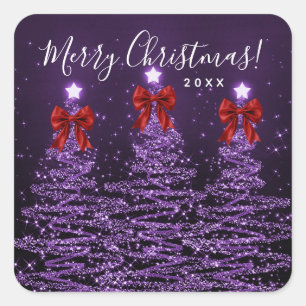 Sticker Carré Arbres de Noël violets de vacances élégants Rubans