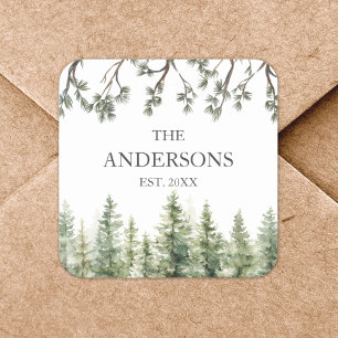 Sticker Carré Arbres et Branches de Pin Rustiques Aquarelle Mono