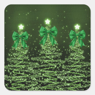 Sticker Carré Arbres Étincelants de Noël Verts avec Ruban Faux