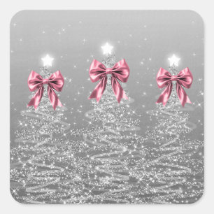 Sticker Carré Arbres scintillants de Noël argentés avec faux nœu