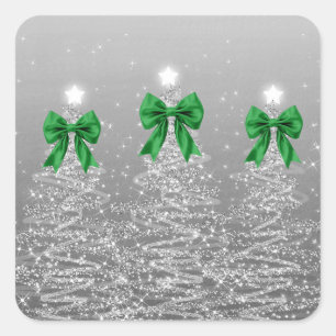 Sticker Carré Arbres scintillants de Noël avec ruban vert faux a
