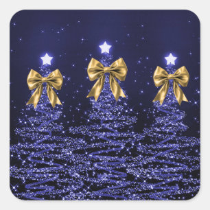 Sticker Carré Arbres scintillants de Noël Bleu marine Nœud en or