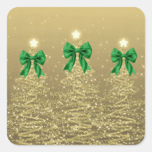 Sticker Carré Arbres scintillants de Noël Or Ruban Vert Faux