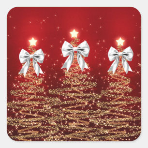 Sticker Carré Arbres scintillants de Noël Rouge Or Argent Nœud