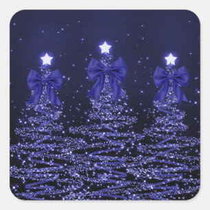Sticker Carré Arbres scintillants de Noël ruban bleu marine 