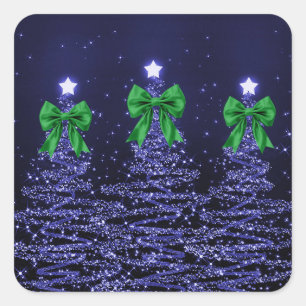 Sticker Carré Arbres scintillants de Noël ruban bleu marine vert