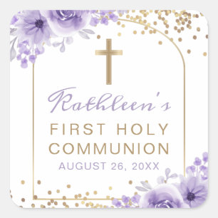 Sticker Carré Arc Or Purple Floral Première Communion Sainte