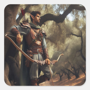 Sticker Carré Archer d'elfe Imaginaire reposant dans la forêt de