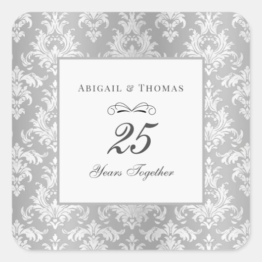 Sticker Carré Argent Damask 25e anniversaire Mariage (Devant)