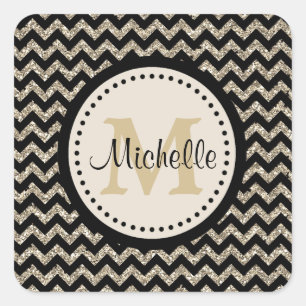 Sticker Carré Argent Or Chevron Faux Parties scintillant Monogra