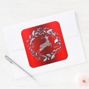 Sticker Carré Argent renne et couronne rouge Noël