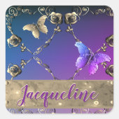 Sticker Carré Argent Rose pourpre dégradé avec nom (Devant)