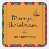 Sticker Carré Argyle Jaune Orange Vert Script Joyeux Noël (Devant)