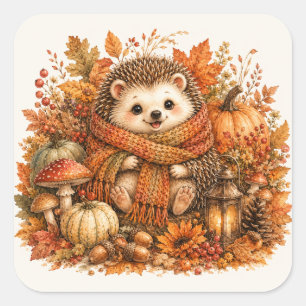 Sticker Carré Art aquarelle de hérisson automnal cosy