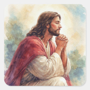 Sticker Carré Art aquarelle Jésus en prière Foi chrétienne