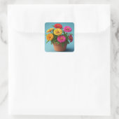 Sticker Carré Art Botanique Floral Vibrant, Fleurs Zinnia (Sac)