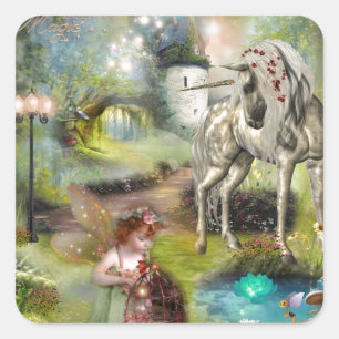 Sticker Carré Art de fée et de licorne fantastique