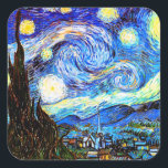 Sticker Carré Art de nuit Van Gogh Starry<br><div class="desc">Starry Night,  le tableau le plus célèbre du maître postimpressionniste néerlandais Vincent van Gogh. Un cyprès solitaire,  un village endormi et un ciel qui tourbillonne d'étoiles. Post-impressionnisme religieux chrétien inspiration spirituelle peinture d'art fin.</div>