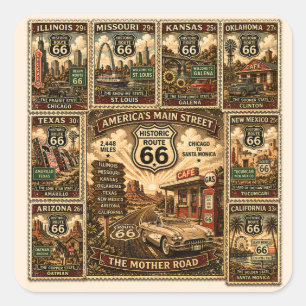 Sticker Carré Art de tampon de voyage de la route 66 Américaine