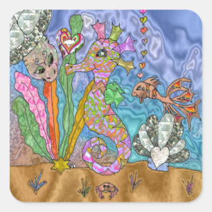 Sticker Carré Art de Tortue de Mer Cheval Marin Psychédélique