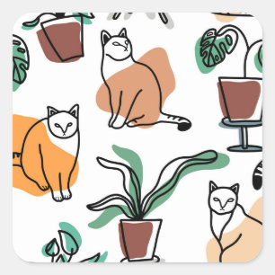 Sticker Carré Art de trait dessin chats et fleurs