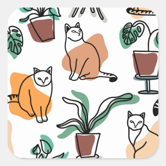 Sticker Carré Art de trait dessin chats et fleurs (Devant)