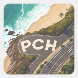 Sticker Carré Art de voyage aérien de la Pacific Coast Highway