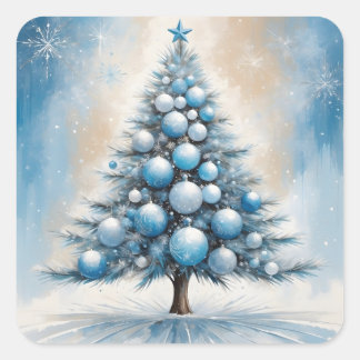 Sticker Carré Art Déco Arbre de Noël Bleu Luxueux Ornements