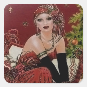 Sticker Carré Art déco rétro vintage de Noël dame de Noël