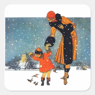 Sticker Carré Art Déco vintage Hiver Mère et Enfant dans la Neig