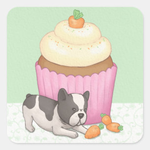 Sticker Carré Art d'illustrations de mignonette Bulldog & Cupcak