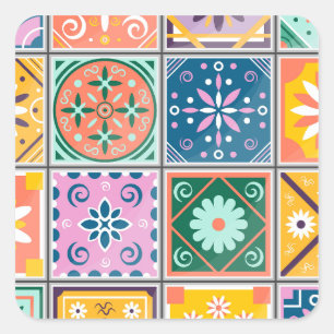 Sticker Carré Art du mur de carreaux marocain   Zellij bleu et j