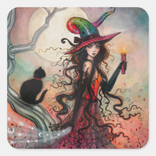 Sticker Carré Art fantastique de sorcière et de chat noir pour H