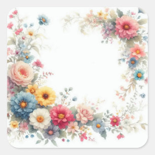 Sticker Carré Art floral aquarelle Ajoutez votre texte Modèle vi